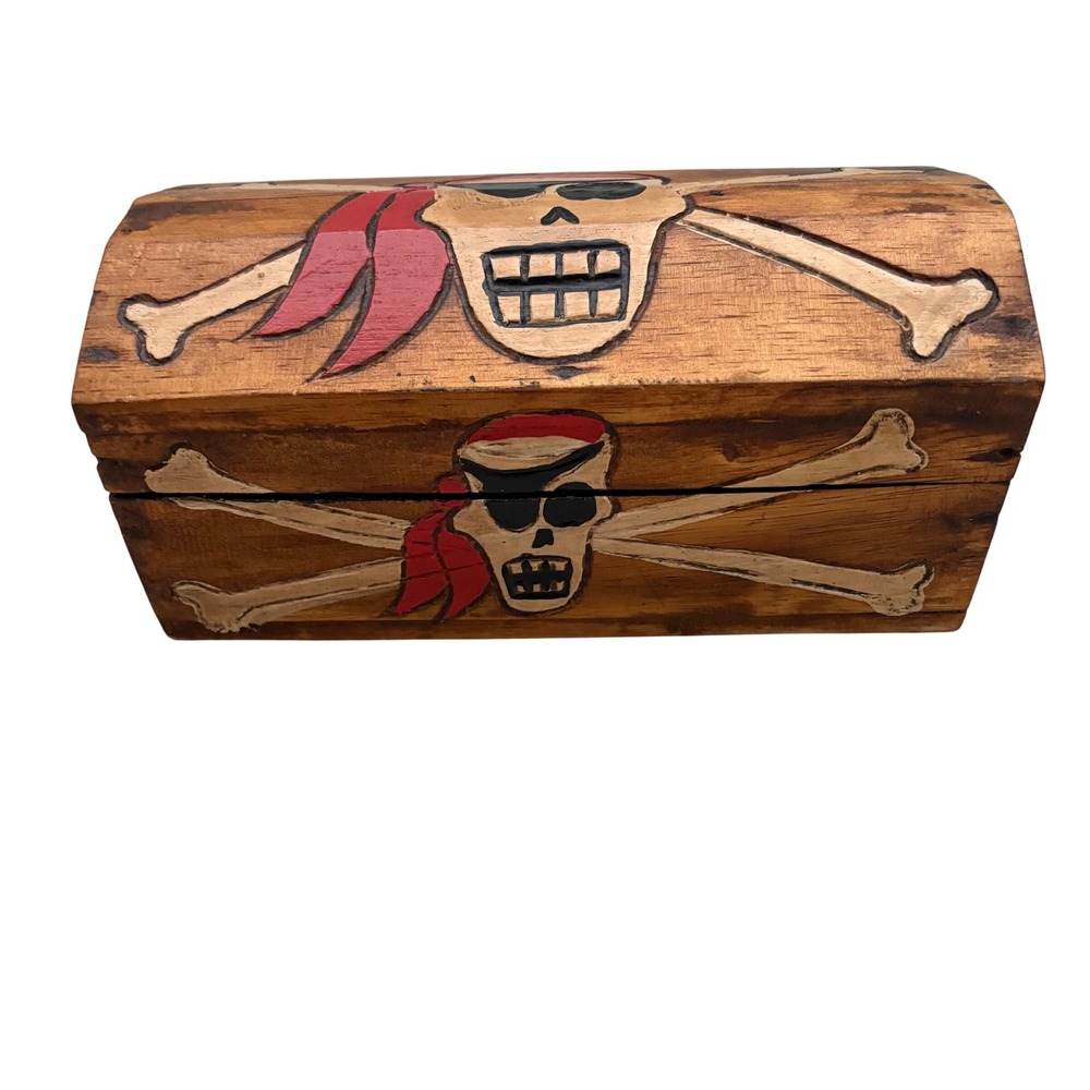 Hand-Painted Hand Carved Wooden Pirate's Treasure Chest Skull Trinket Box 9.5